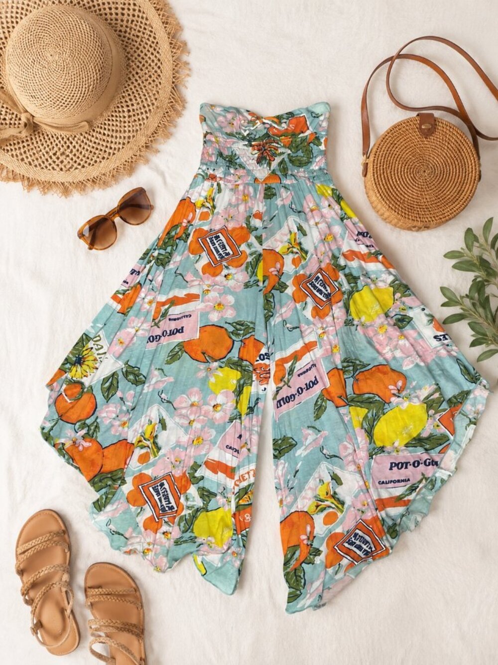 Boho Strapless Harem Jumpsuit Romper Fruit Print Smocked Palazzo One Size Est. S